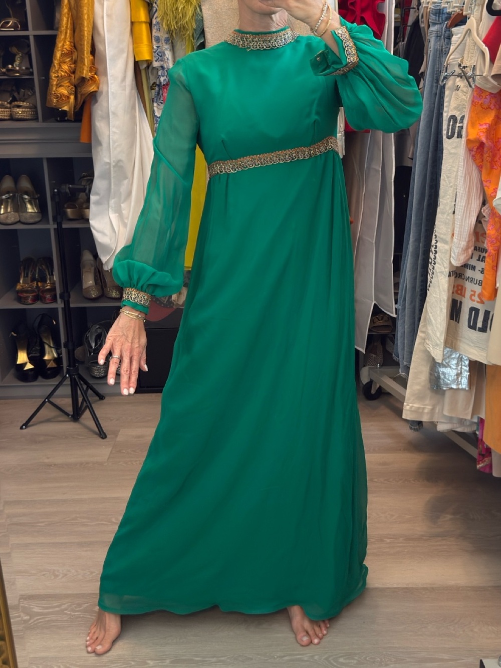 Vintage 1960s Green Jeweled Bell Sleeve Cocktail Dress